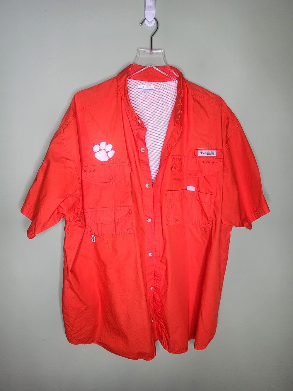 Columbia PFG Short Sleeve Fishing Shirt Orange Button Vented‎ XXL Clemson Tigers